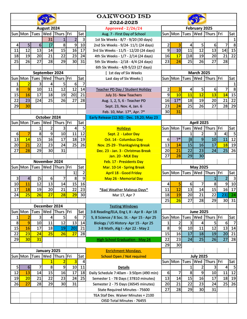 20242025 Calendar Oakwood ISD