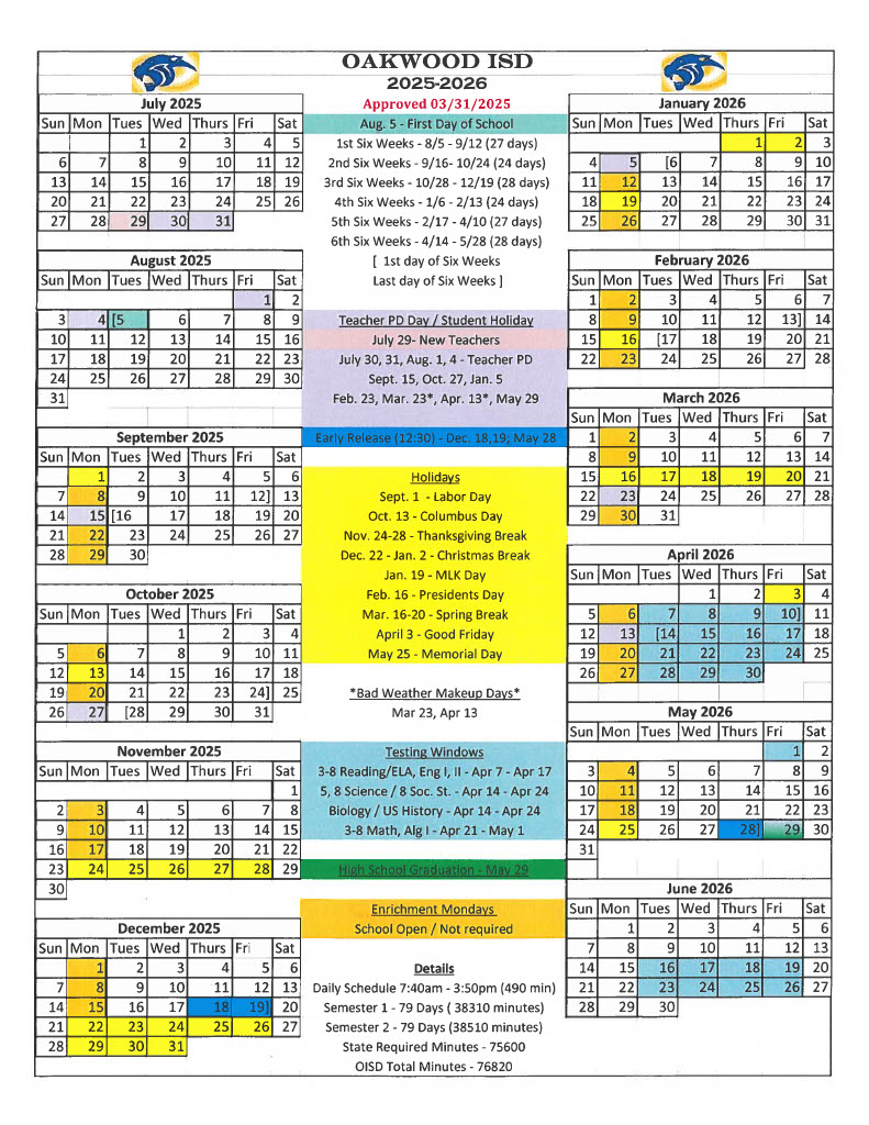 2025-2026 District Calendar