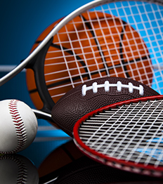 Tennis rackets, football, basketball, baseball