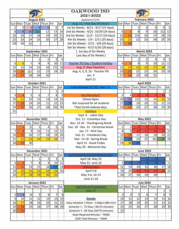 20212022 Calendar Oakwood ISD