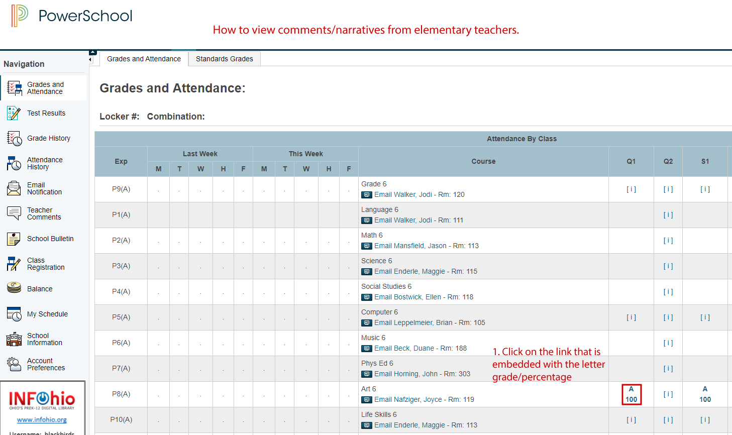 How to view comments/narratives from elementary teachers.