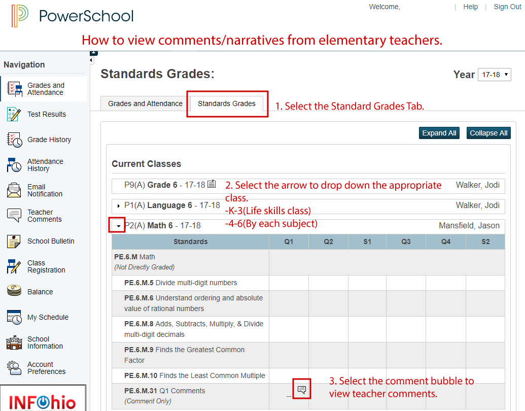 How to view comments/narratives from elementary teachers.