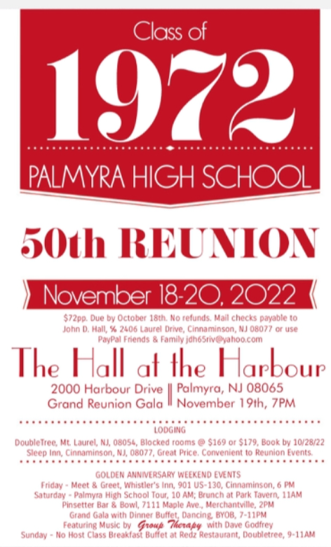 class of 1972 reunion poster red and white all text