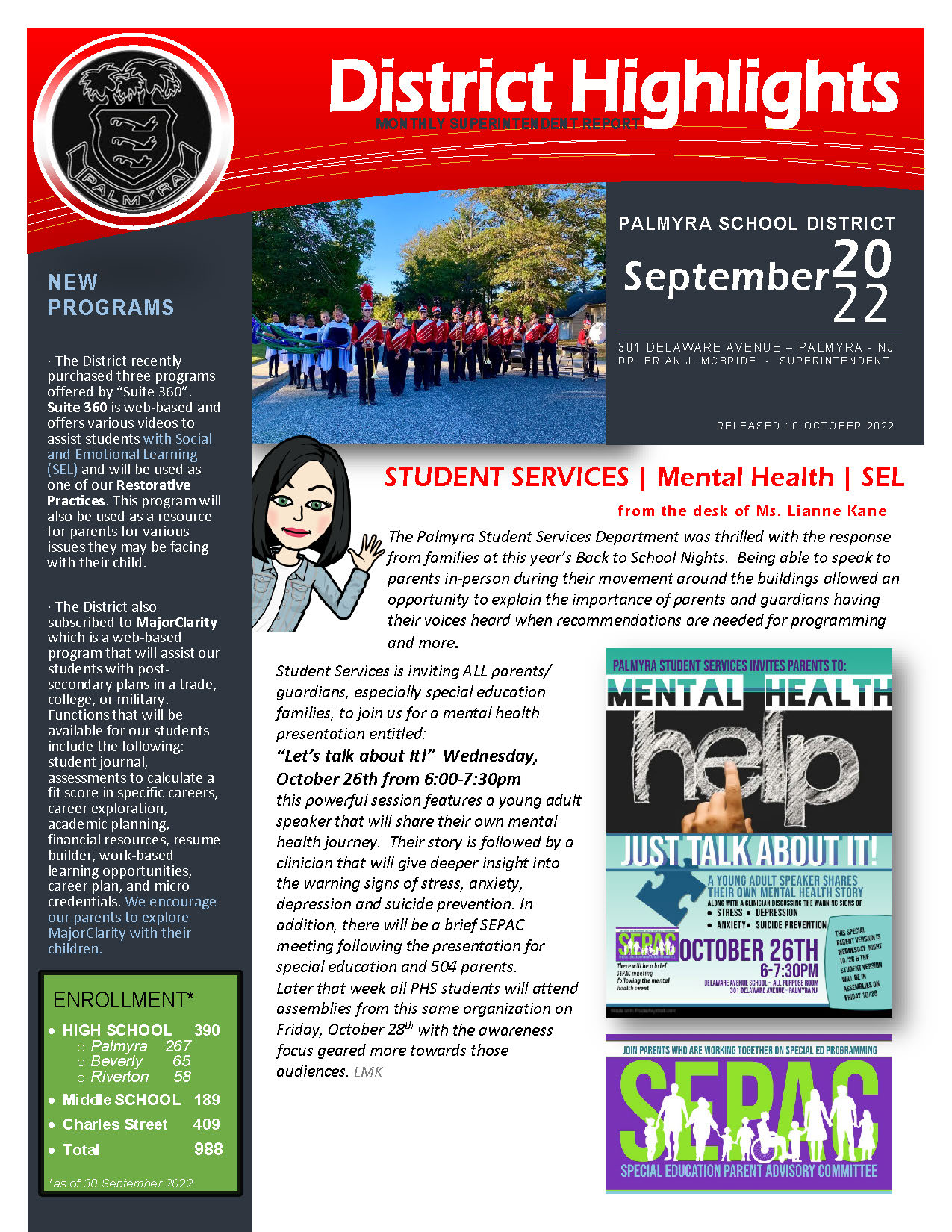 Sept 22 newsletter cover with photo of band