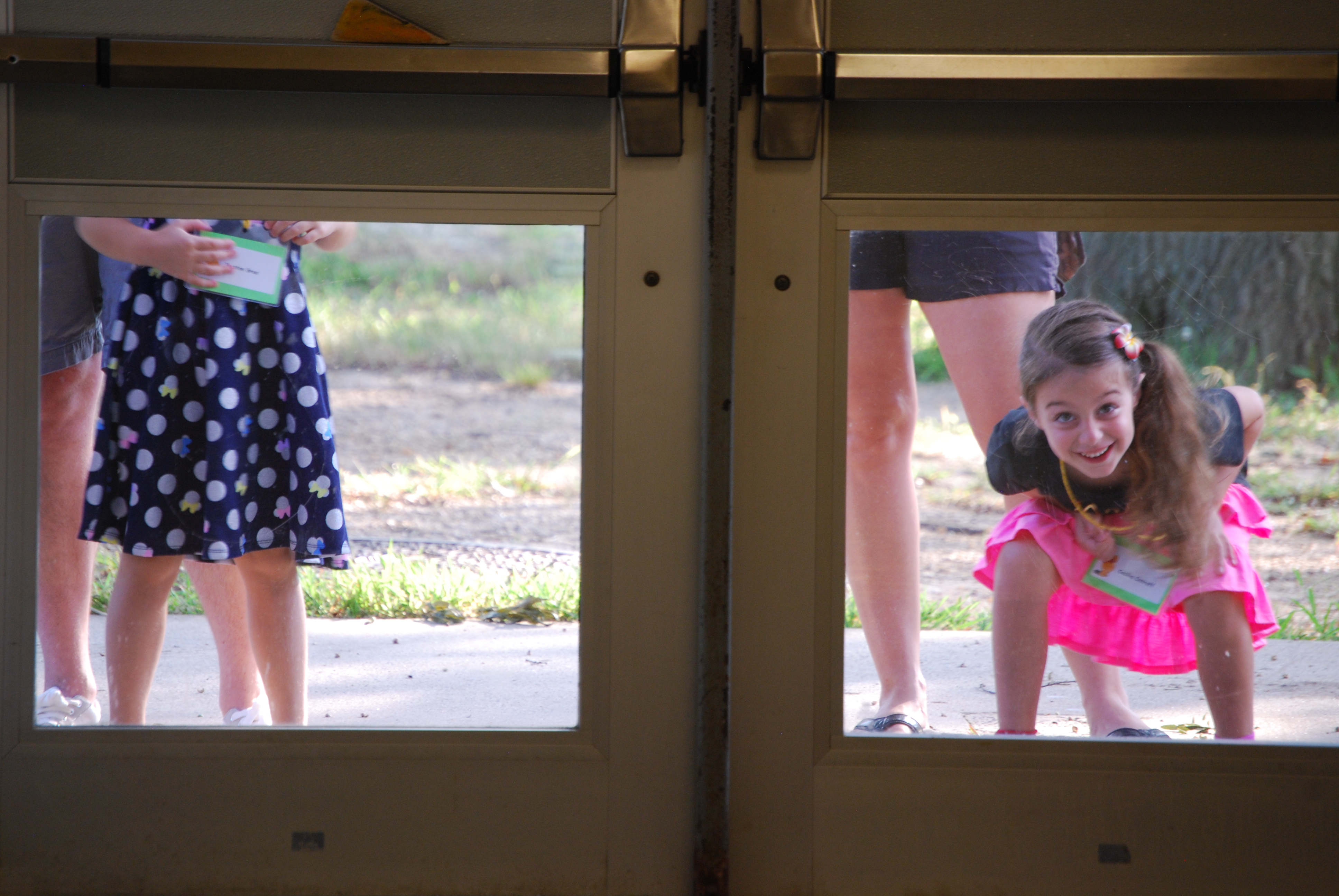 students peeking in through doors of closed school building