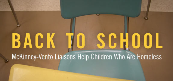 school desk & chair with tag for McKinney Vento Liaisons Help Children who are homeless