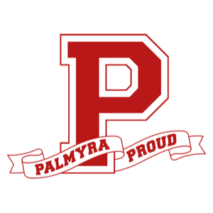 Palmyra Proud logo- red collegiate letter with ribbon