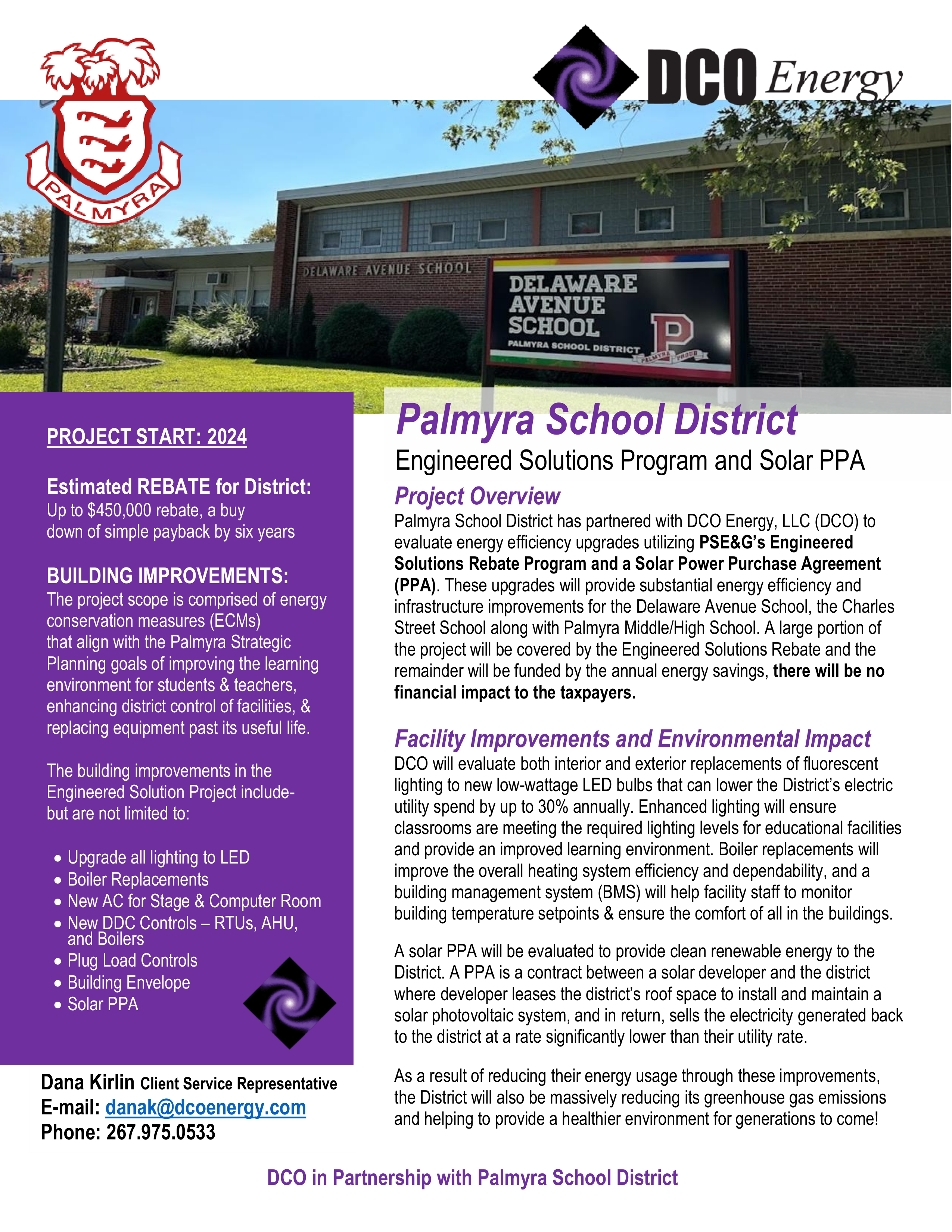 flyer for dco energy in palmyra with delaware avenue school pictured