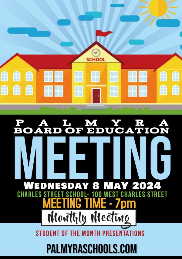 May Monthly Meeting of the BOE: showing school building with giant text