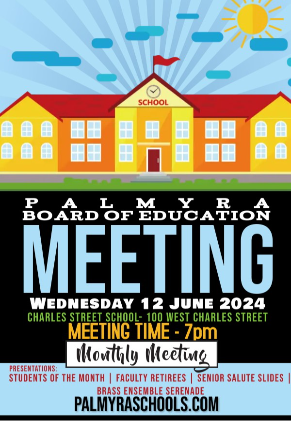 June Monthly Meeting of the BOE: showing school building with giant text
