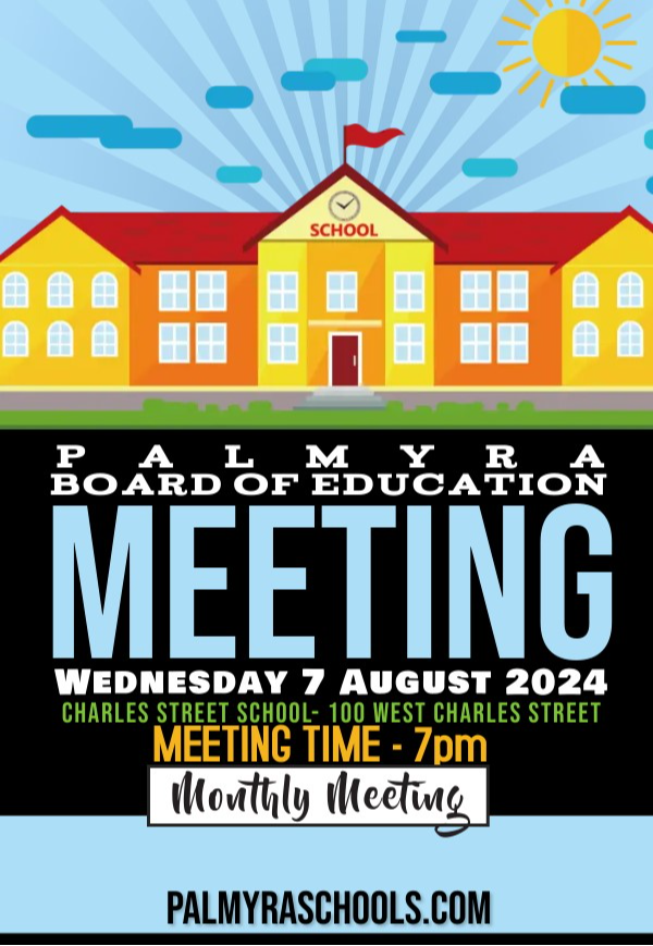 August Monthly Meeting of the BOE: showing school building with giant text