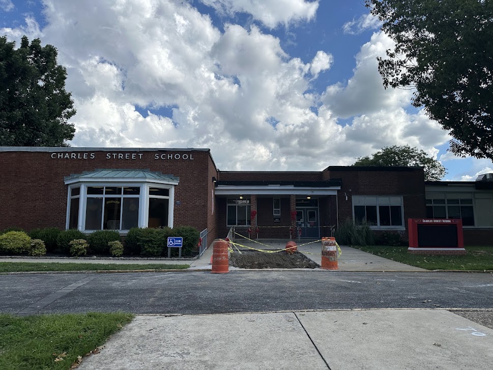 front walk at CSS dug up for repairs from cranes