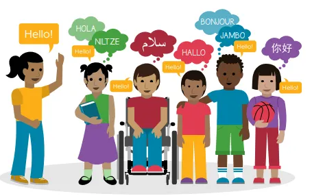 children of different cultures drawn with chat bubbles saying hello in different languages