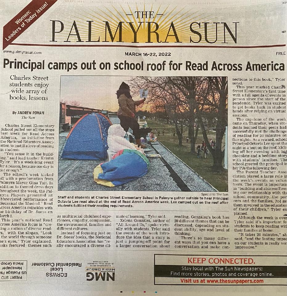 Principal Lee sleeps on the roof for Read Across America!