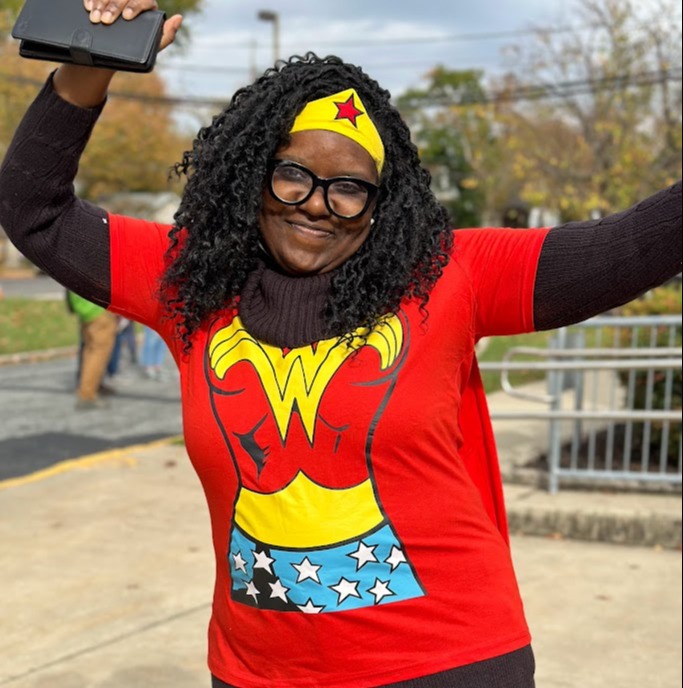 Principal Lee in her Wonder Woman Halloween Costume