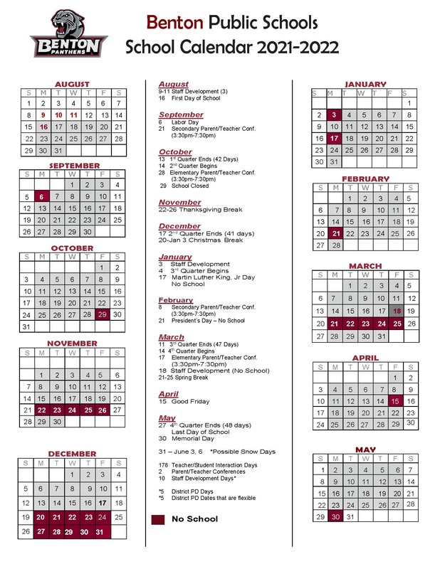 Uark 2022 Calendar 2021-2022 School Calendar | Benton High School