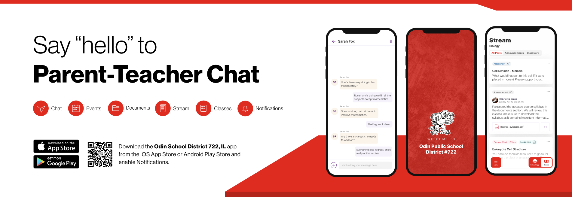 Say hello to Parent-Teacher chat in the new Rooms app. Download the Odin Public School District #722 app in the Google Play or Apple App store.