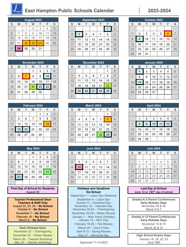 East Hampton Public Schools, 2022-2023 School Calendar