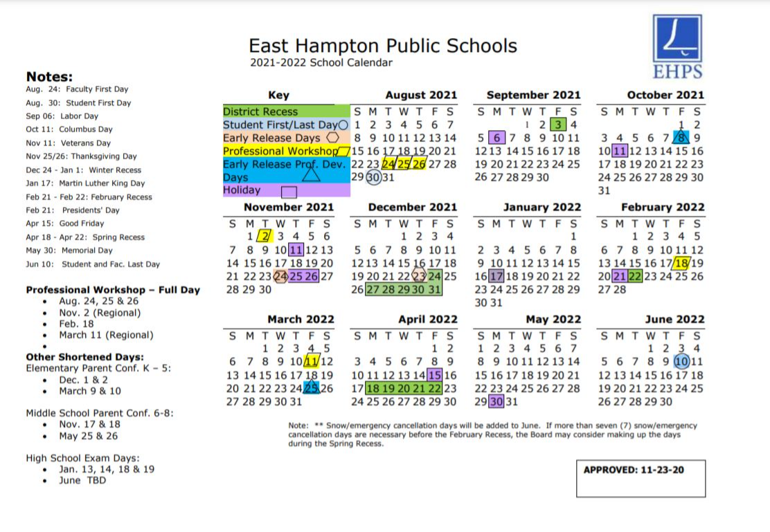 East Hampton Public Schools, 2021-2022 School Calendar