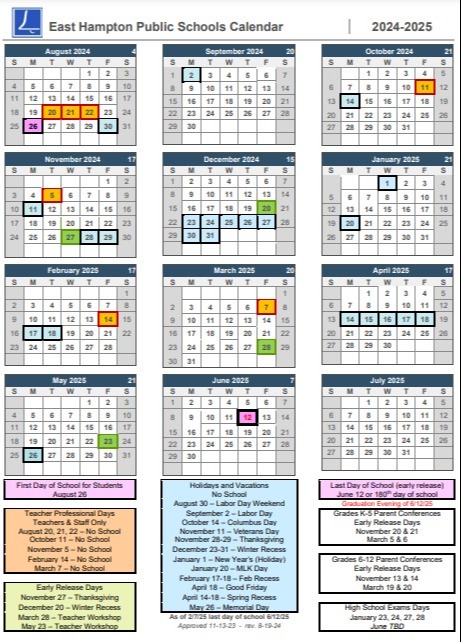 East Hampton Public Schools 2024-25 District Calendar