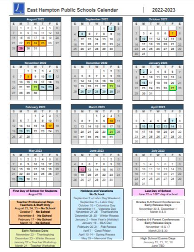 East Hampton Public Schools, 2022-2023 School Calendar