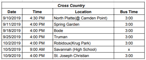 Cross Country Schedule