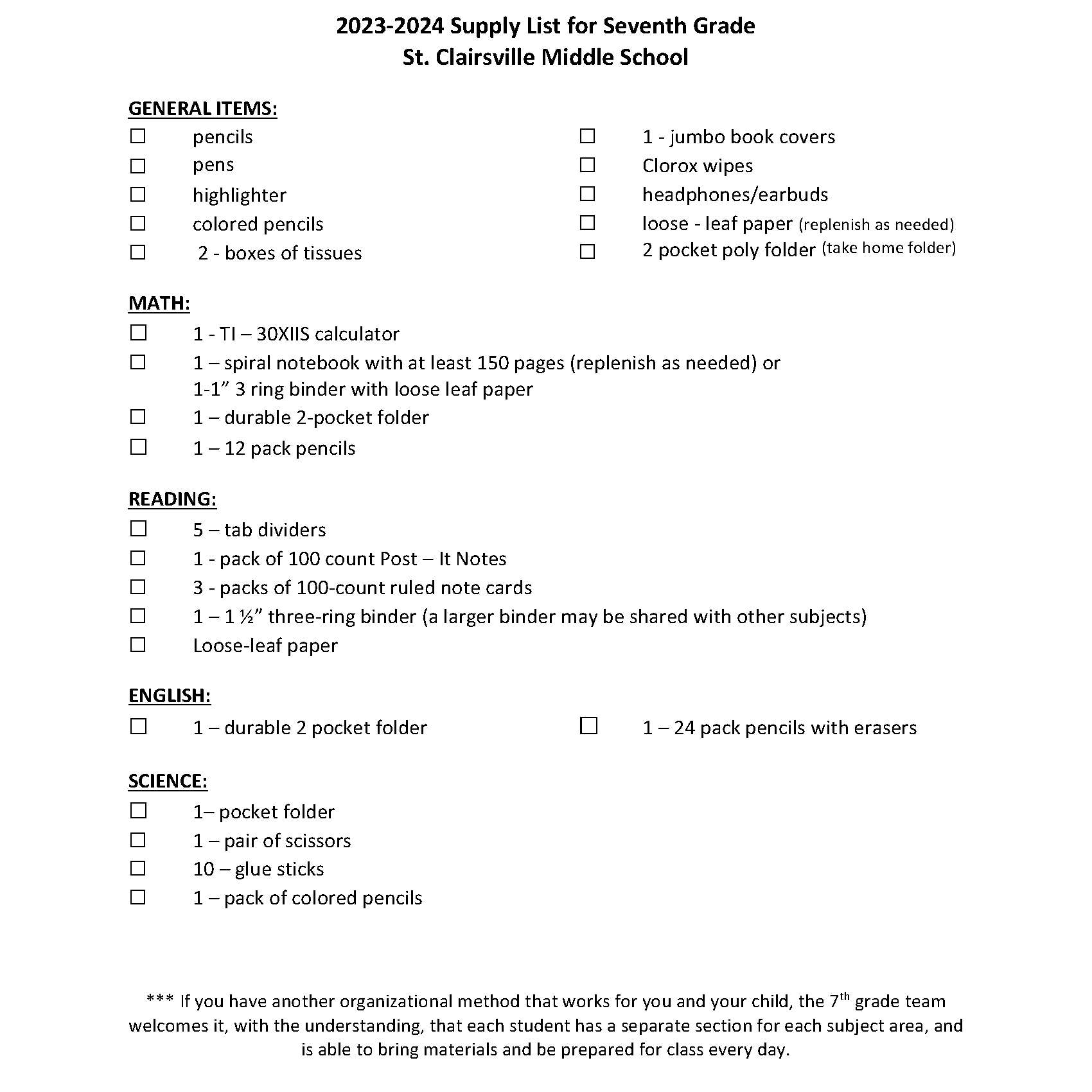 SUPPLY LISTS St. Clairsville Middle School