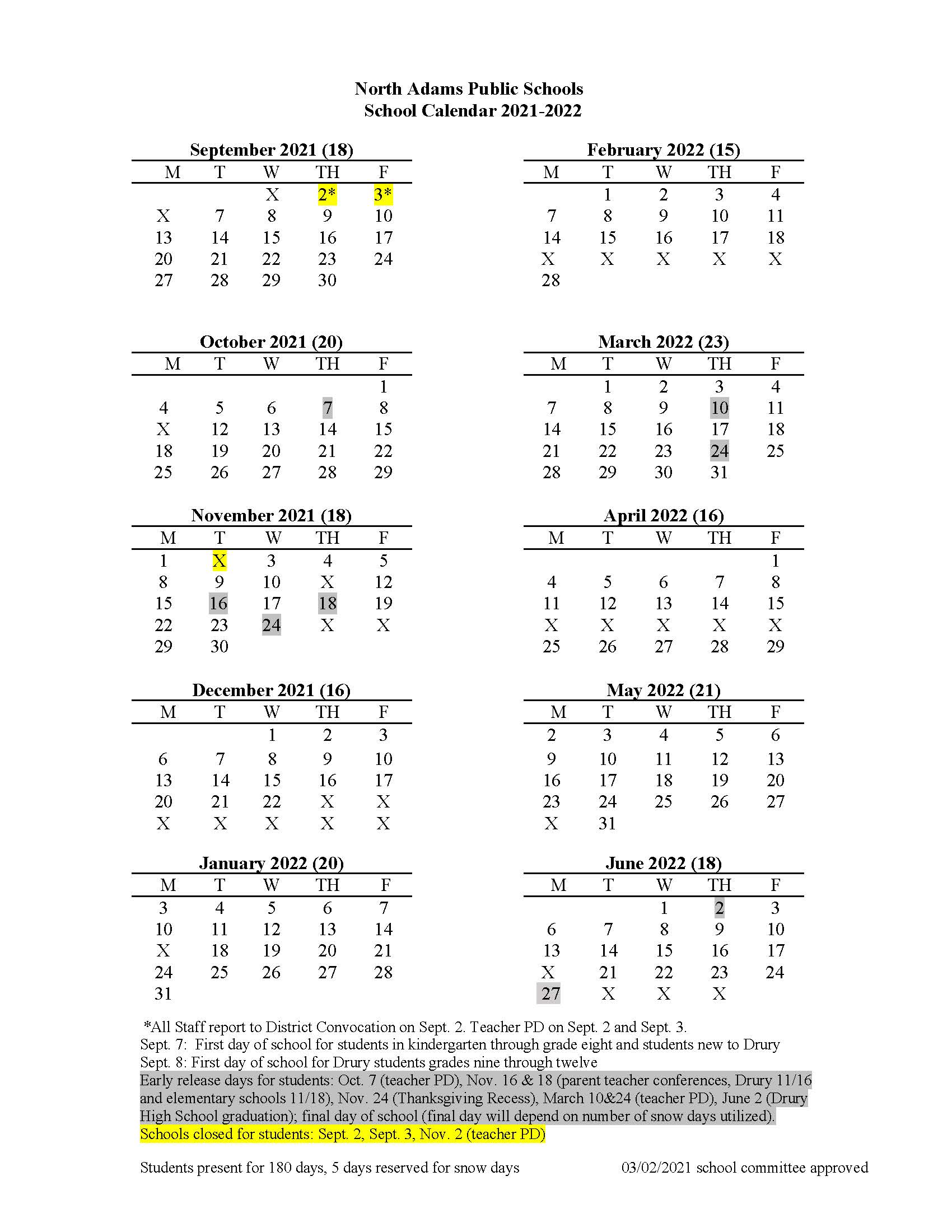 Nc State Fall 2022 Calendar 2021-2022 Calendar | North Adams Public Schools