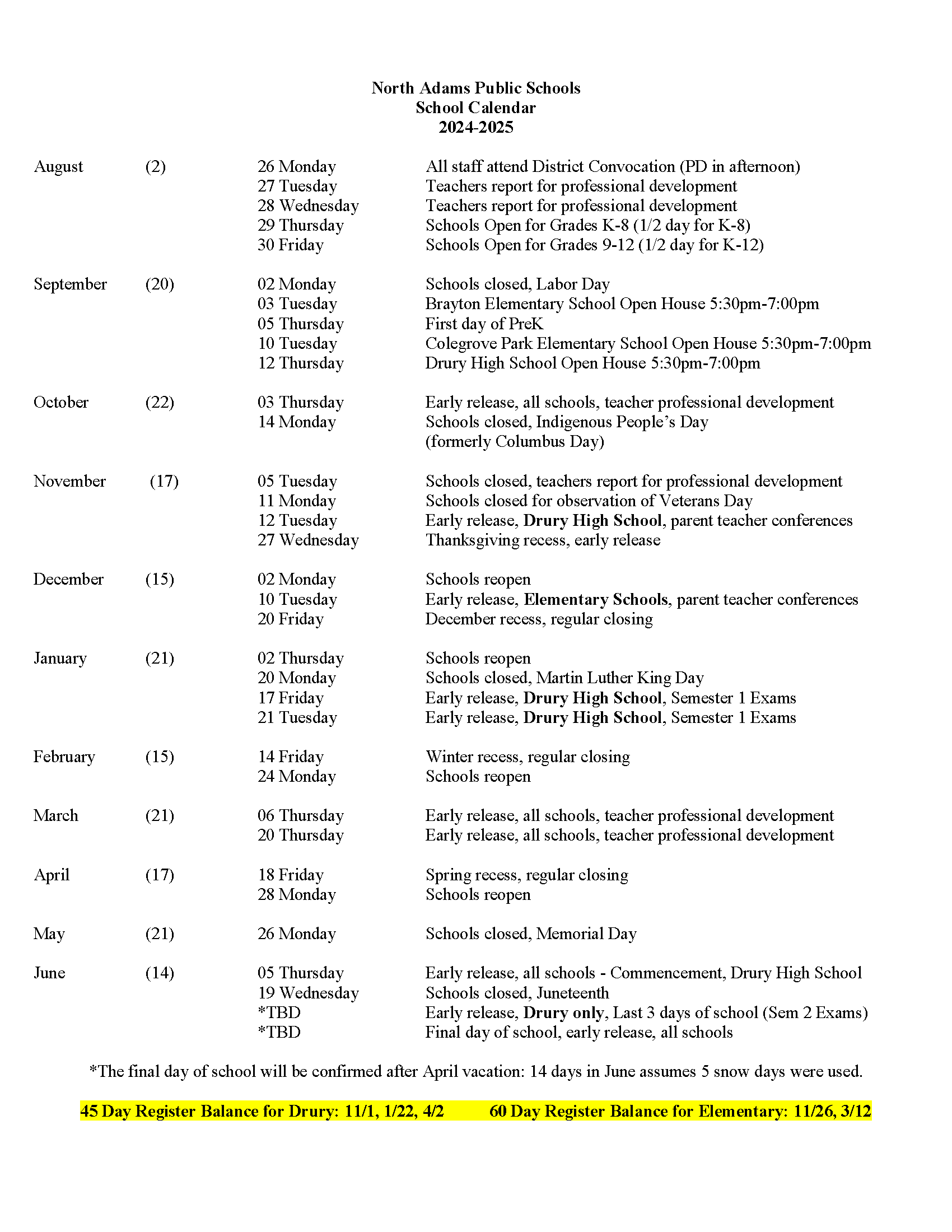 2024-2025 Calendar | North Adams Public Schools