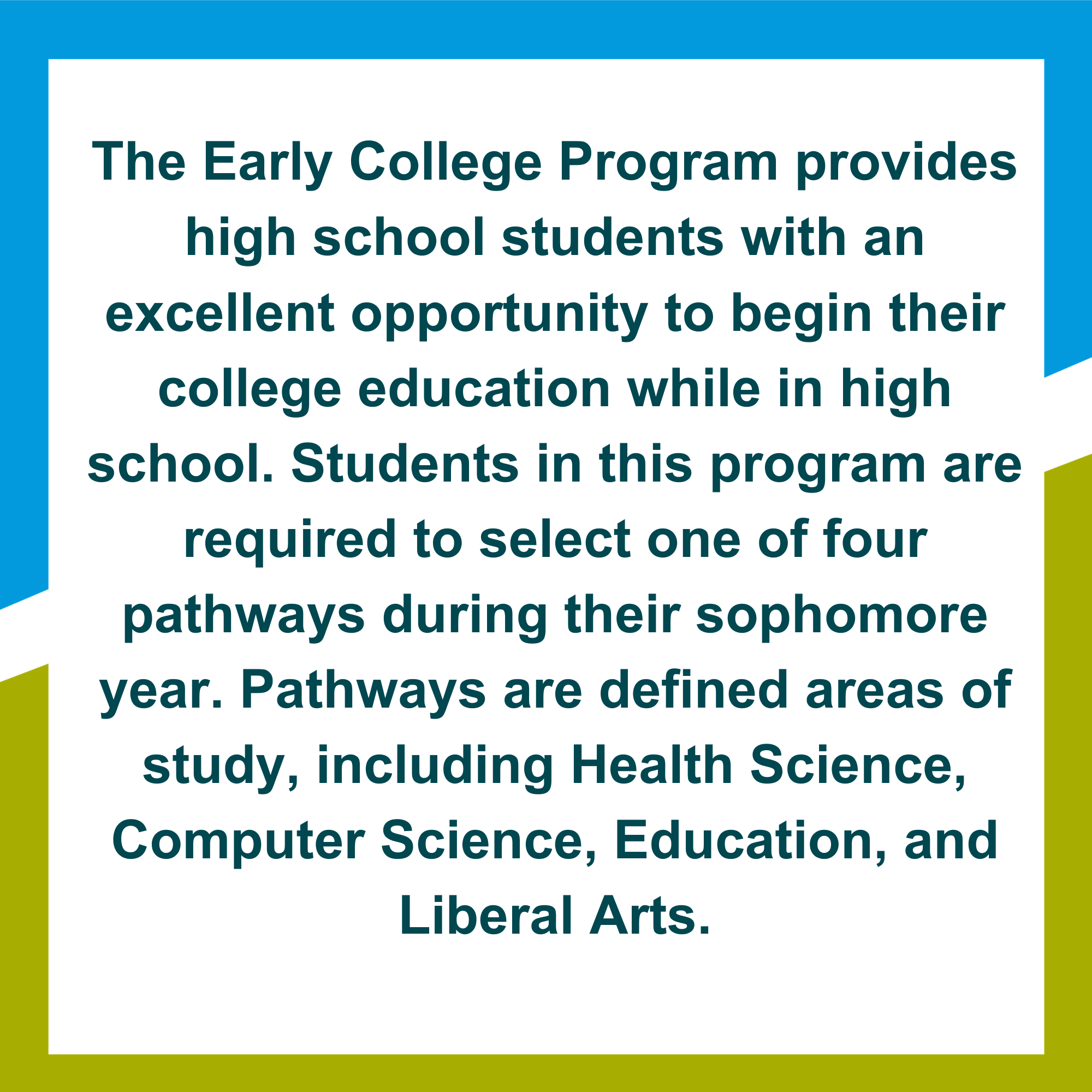 The Early College program provides high school students with an excellent opportunity to begin their college education while in high school. Students in this program are required to select one of four pathways during their sophomore year. Pathways are defined areas of study, including Health Science, Computer Science, Education, and Liberal Arts.