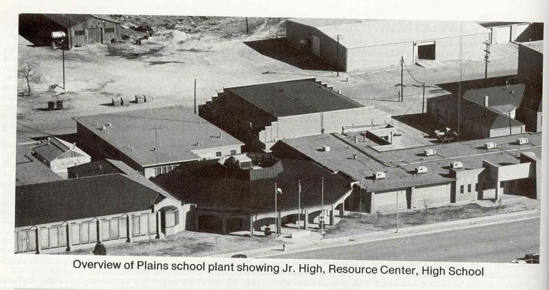 OVERVIEW OF PLAINS SCHOOL PLANT SHOWING JR.HIGH, RESOURCE CENTER, HIGH SCHOOL.