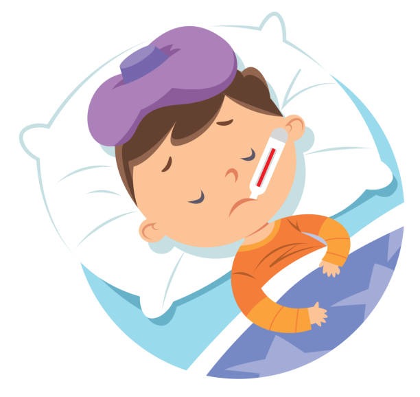 Image of a sick child laying in bed with a thermometer in their mouth