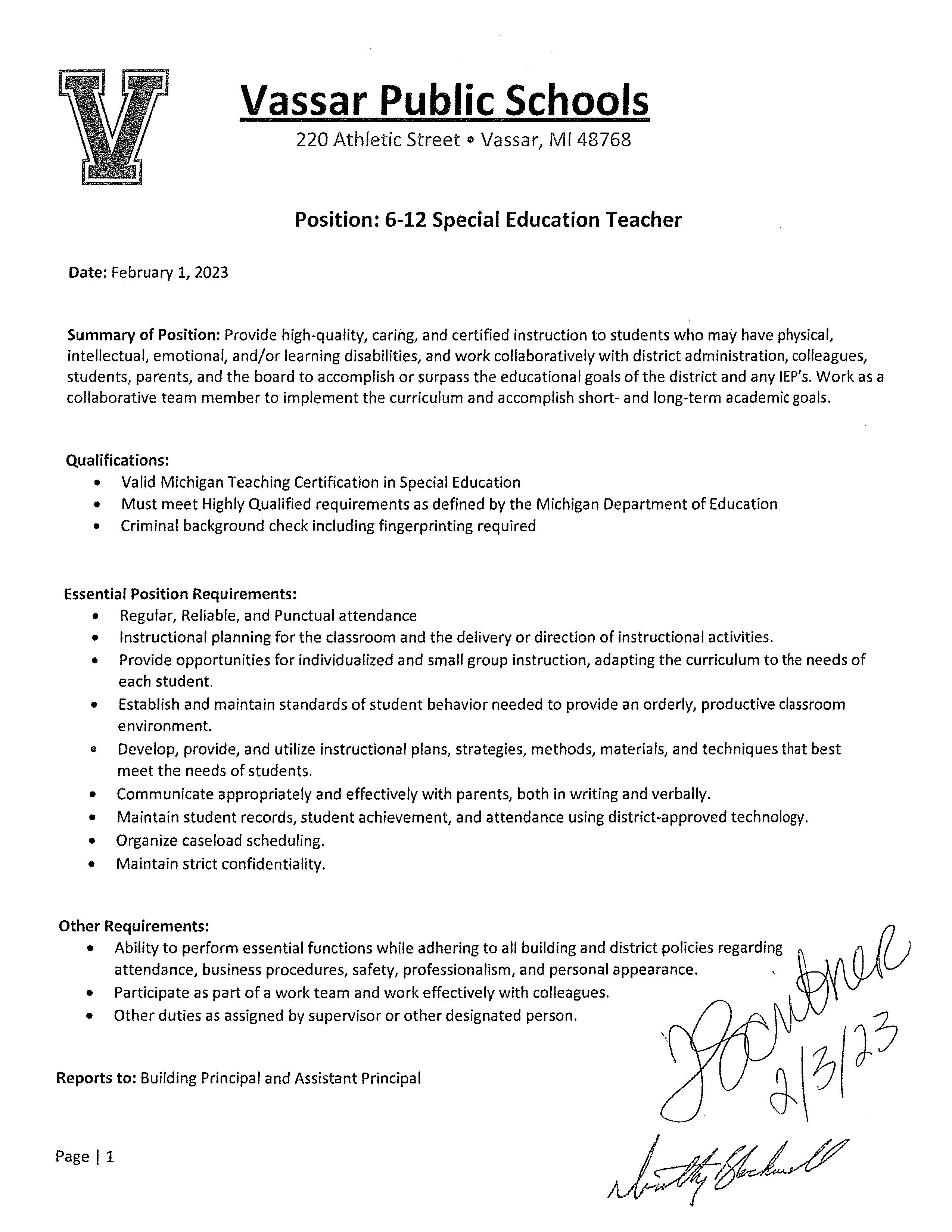 Special Education Teacher posting page 1