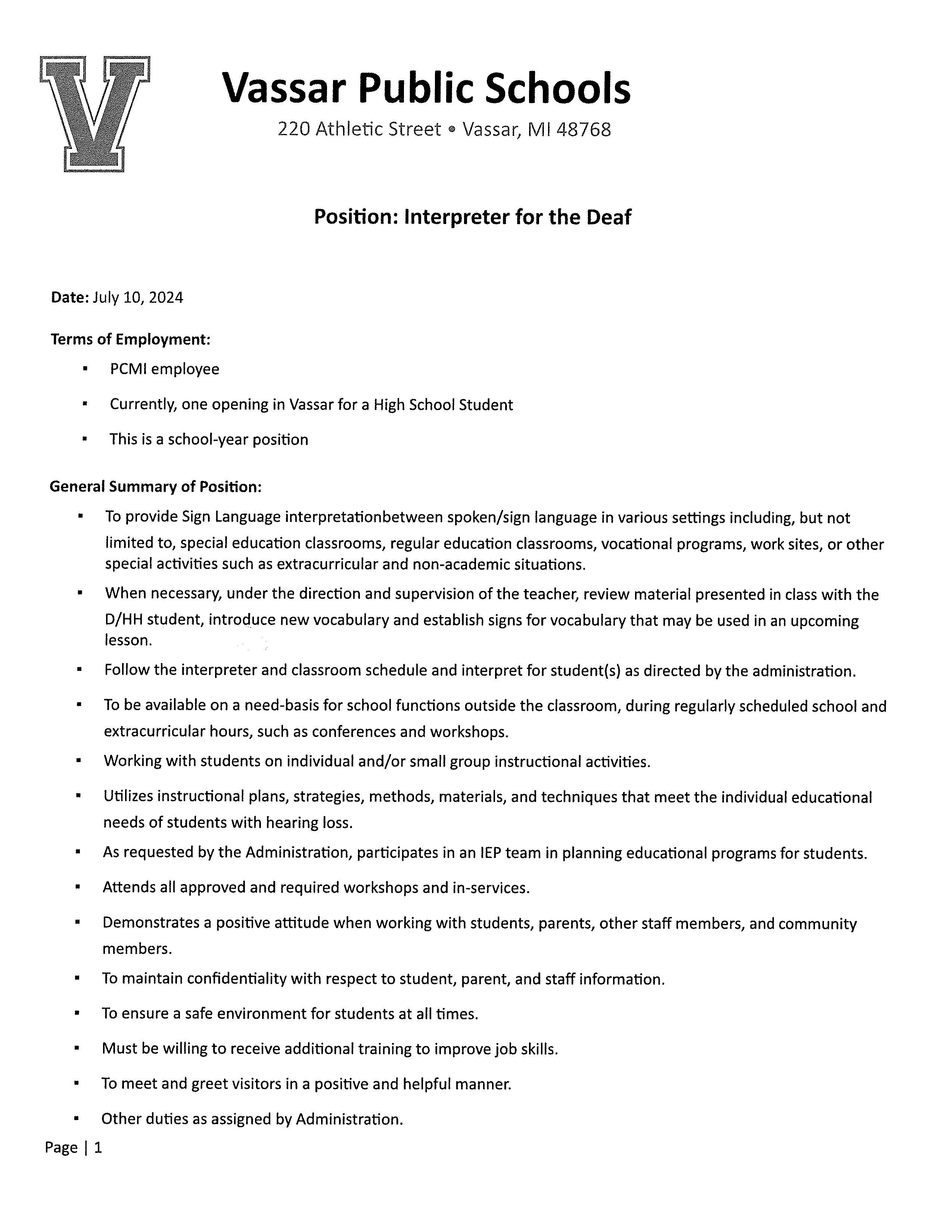 Current Openings Vassar Public Schools