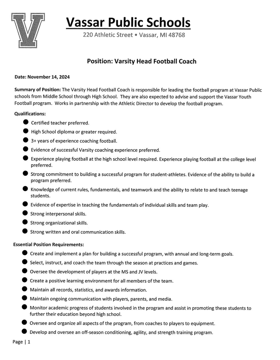 Varsity Head Football Coach page 1