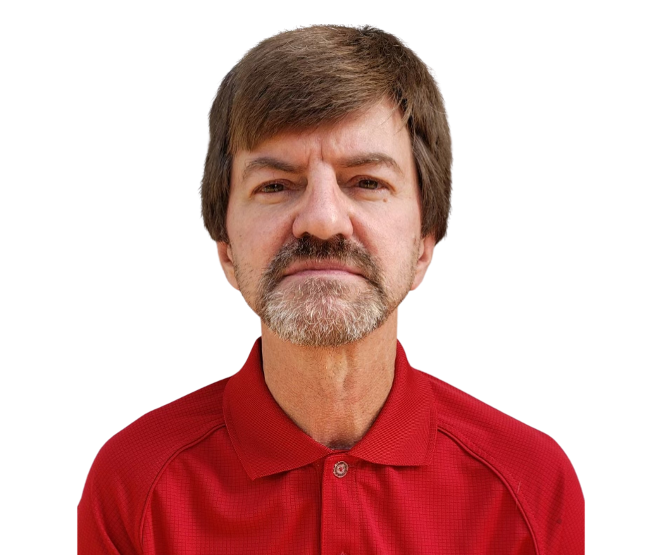 Male wearing red shirt on a white background. 