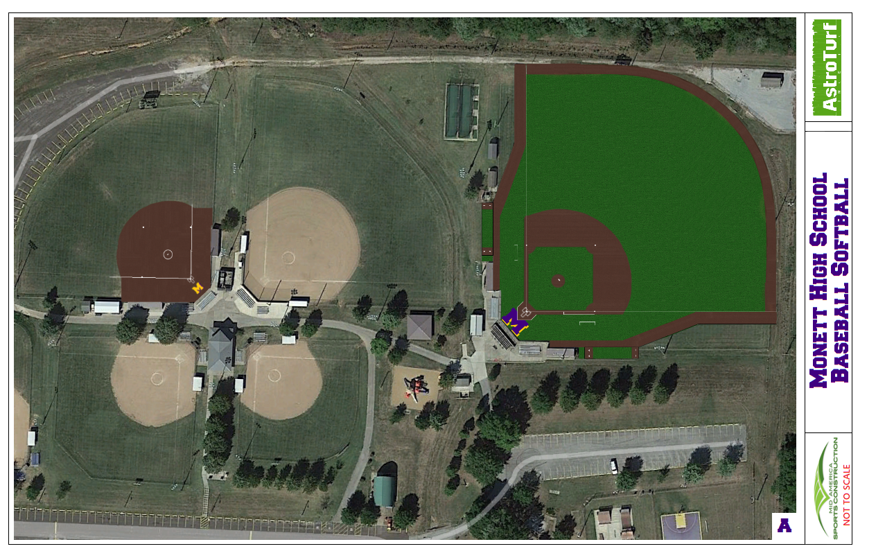 Rendering A: aerial view of astro turf baseball field 