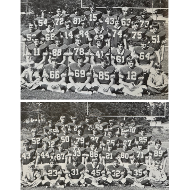 Black and white photo of football players wearing football gear holding their state championship trophy in the air and celebrating the victory.