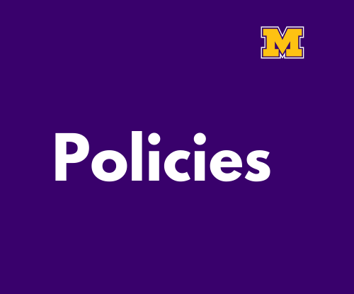 on purple. background, white text reading: Policies ; Yellow "M"  in upper right corner (logo) 