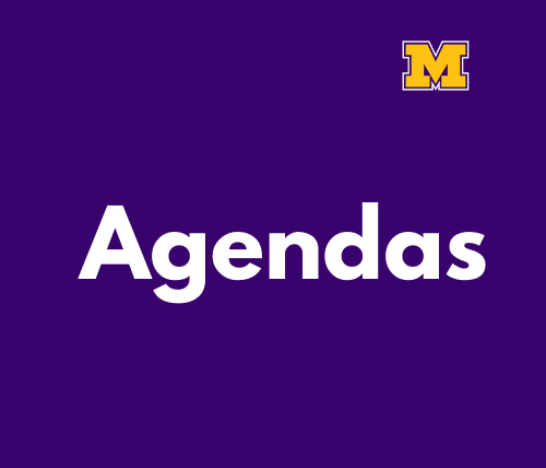 on purple. background, white text reading: Agenda ; Yellow "M"  in upper right corner (logo) 