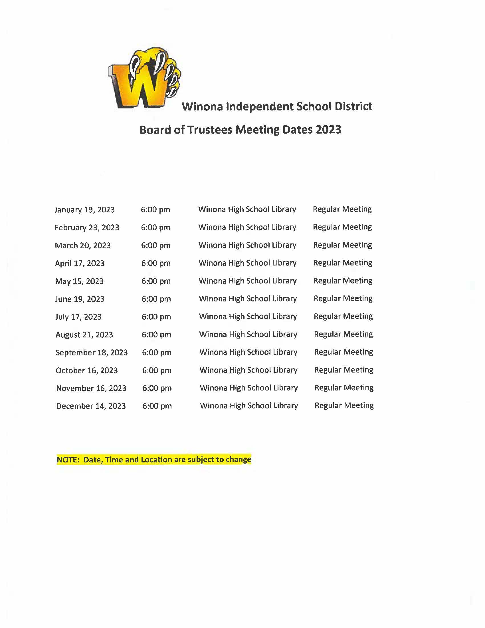 Board Meeting Dates Winona ISD