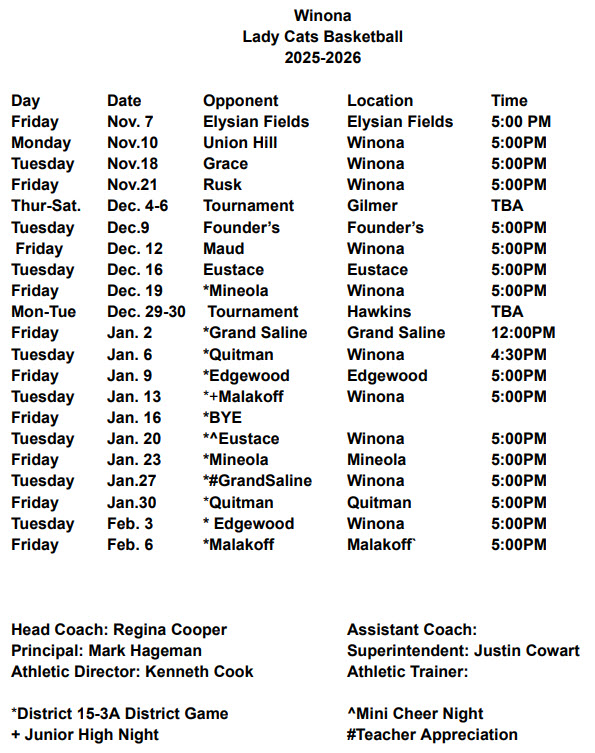 Girls Basketball Schedule