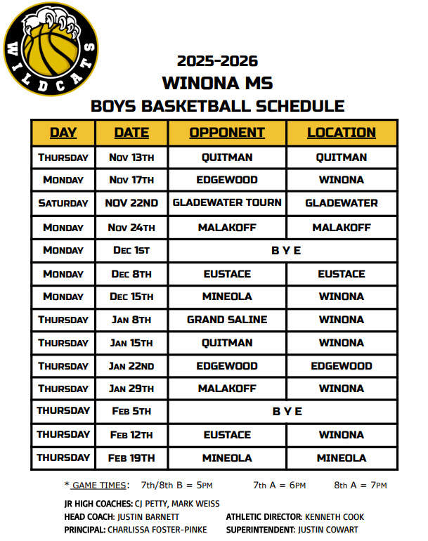 Boys Basketball Schedule - Middle School
