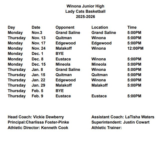 Girls Basketball Schedule Middle School