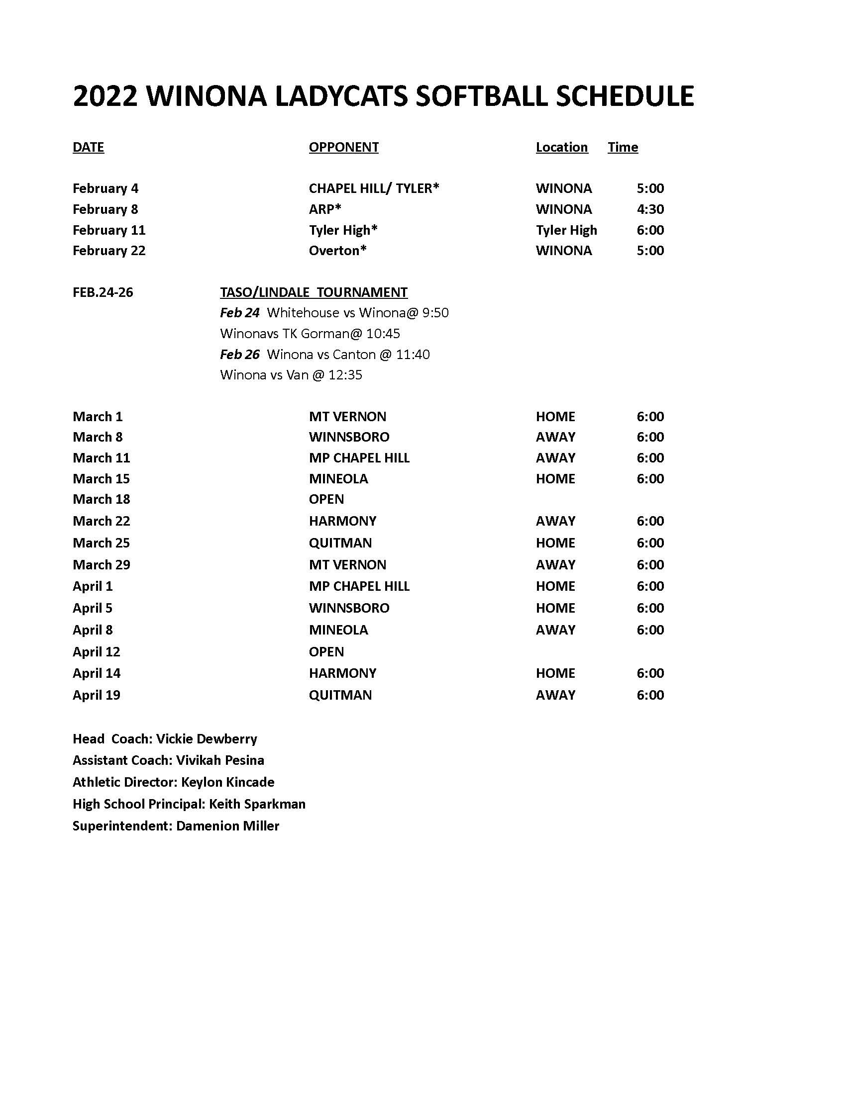 Softball Winona ISD Softball Winona ISD