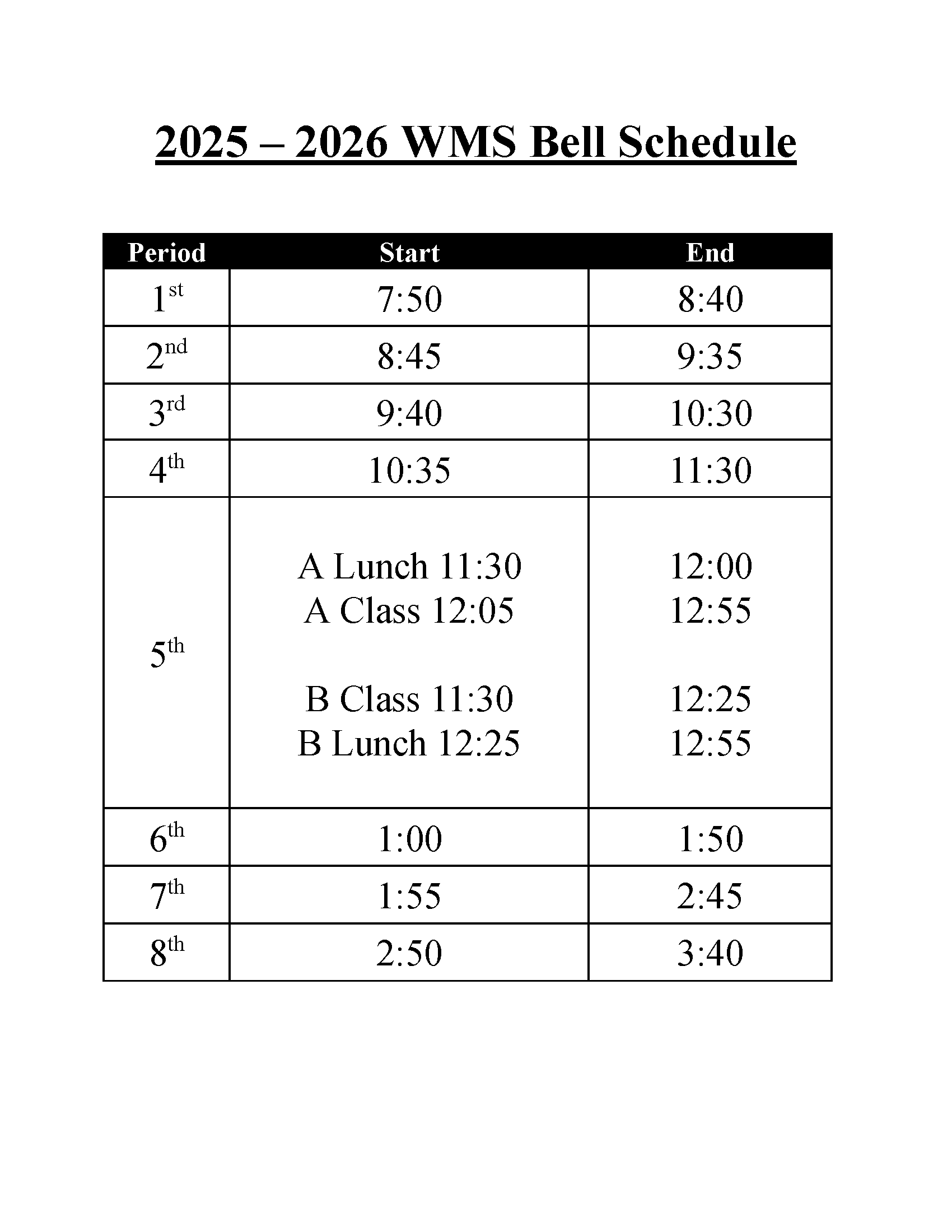 Winona Middle School 2025-2026 Bell Schedule