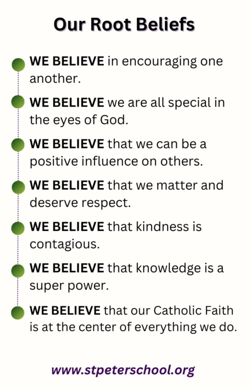 St. Peter School Root Beliefs: WE BELIEVE  in encouraging one another.  WE BELIEVE  we are all special in the eyes of God.  WE BELIEVE  that we can be a positive influence on others.  WE BELIEVE  that we matter and deserve respect.  WE BELIEVE  that kindness is contagious.  WE BELIEVE  that knowledge is a super power.  WE BELIEVE  that our Catholic Faith is at the center of everything we do.