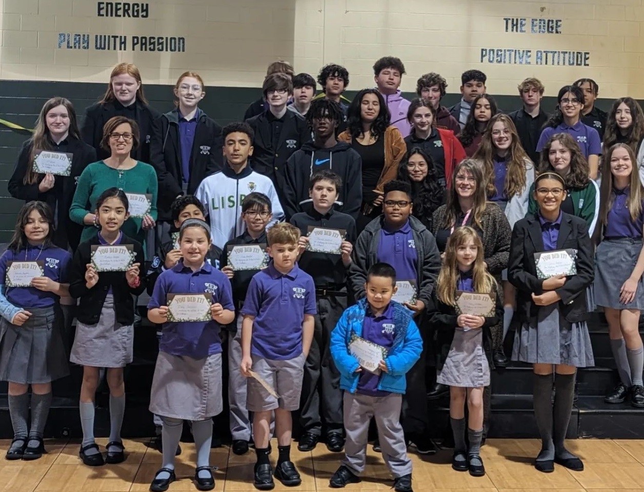 Mrs. O'Callaghan and other Virtue winners at St. Peter School this spring.