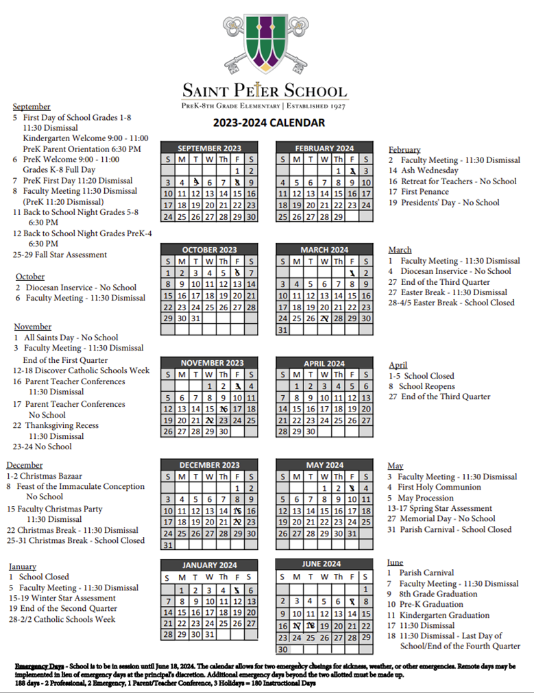 Academic Calendar Saint Peter School