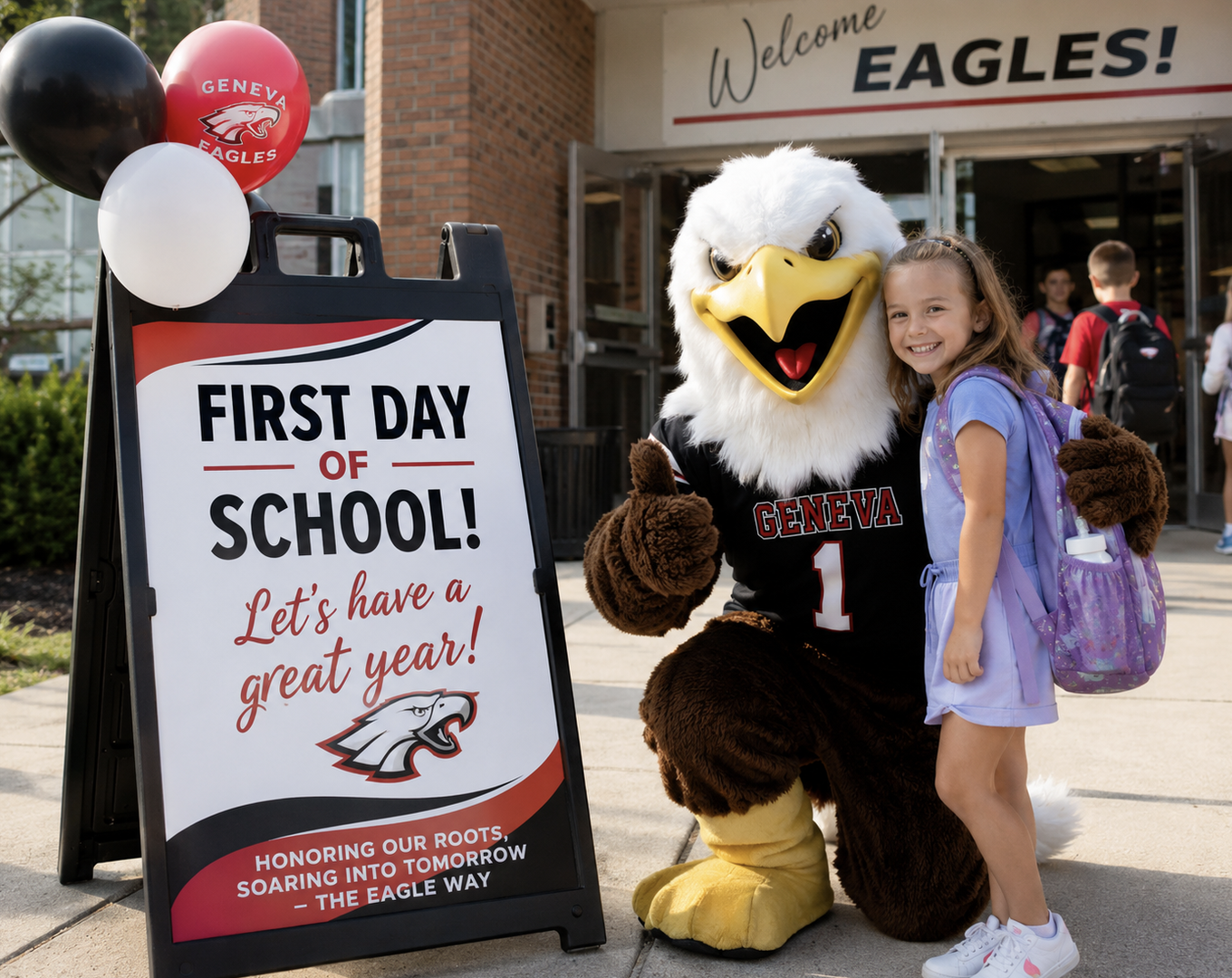 Mascot in an eagle costume next to a sign reading "First Day of School!" with a young girl holding a backpack.